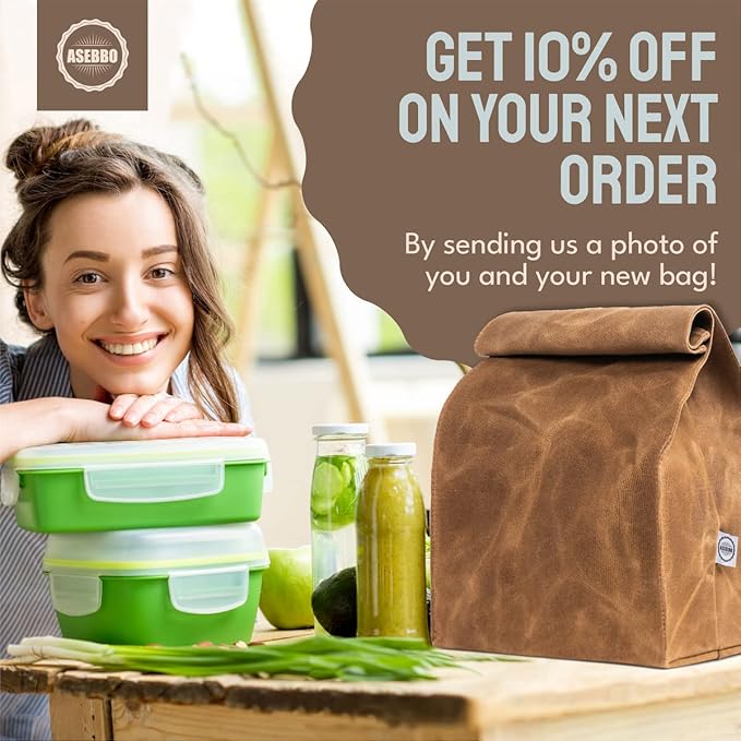 Waxed Canvas Lunch Bag – Reusable Insulated Paper Bag-Style Lunchbox for Adults – Leakproof & Durable Sack Lunch Box for Work, Picnic & Travel – Stylish Brown Bag Cooler with Shoulder Strap