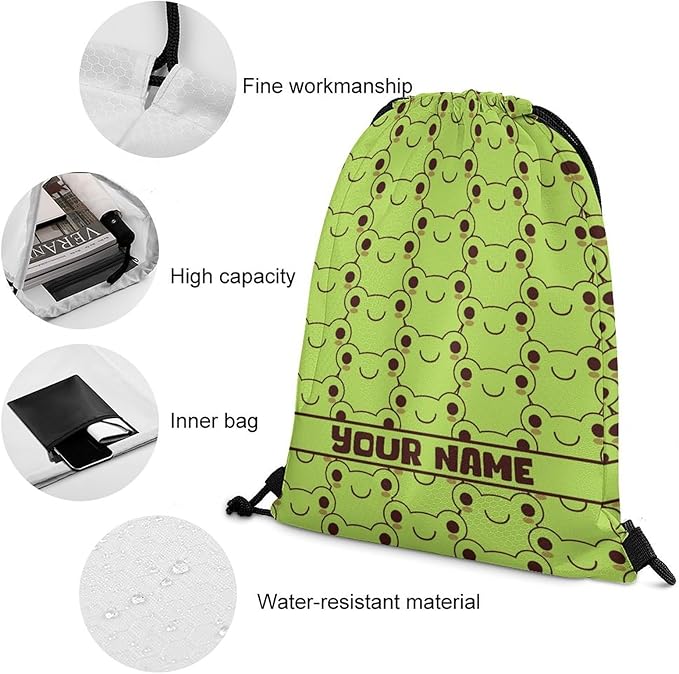 Custom Frog Drawstring Backpack - Cute Cinch Sack, String Backpacks for Kids Women Men Boys Girls for Gym Outdoor Sports Travel Athletic Drawstring Bag - Lightweight/Foldable