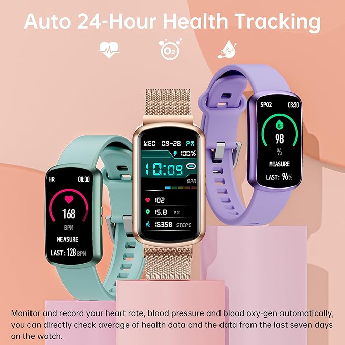 Health Fitness Tracker with 24/7 Heart Rate, Smart Watch with Blood Pressure and Blood Oxygen Monitor, Bulit-in 120+ Sport Mode, Sleep Tracking Waterproof Activity Tracker for Women Men (Pink Gold)