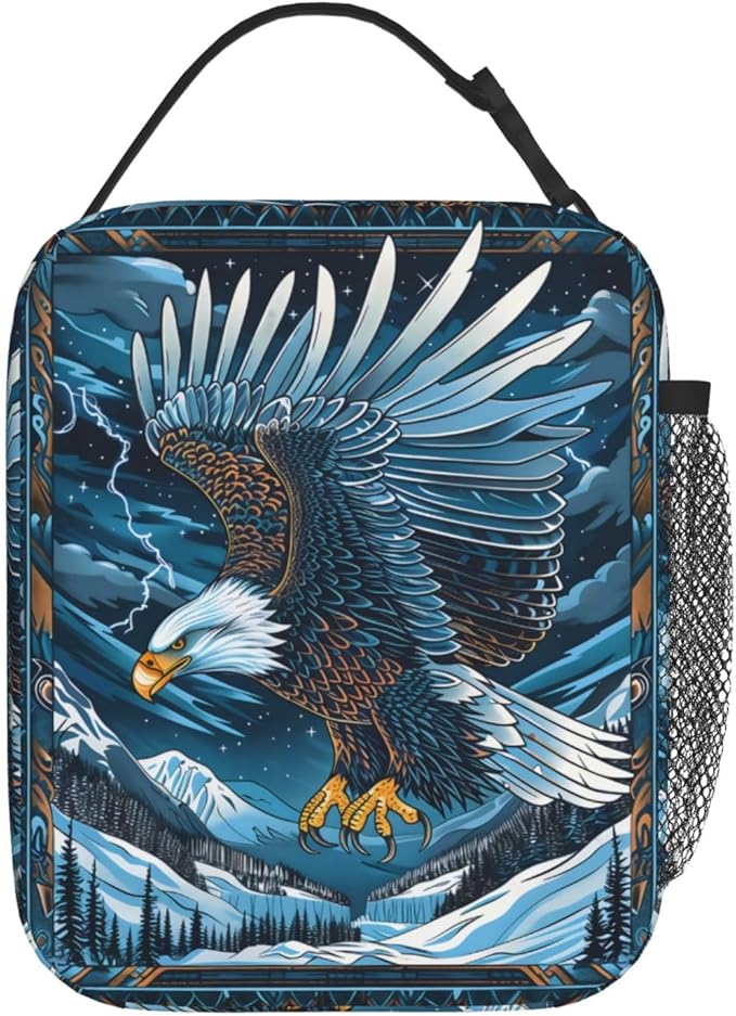 Eagle Polyester Lunch Box for Kids Teen,Big Bird Reusable Thermal Lunch Bag for Adult Women,Cool Insulated Tote Cooler Bags for School,Work,Picnic,Travel,Winter Mountain Design