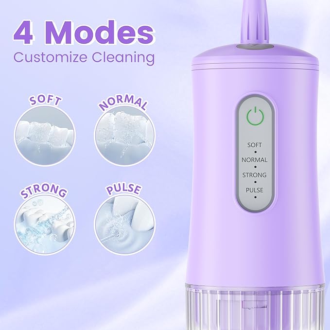 Cordless Water Flosser for Teeth Cleaning Pick - Electric Dental Irrigator with 4 Cleaning Modes & 8 Jet Tips, IPX7 Waterproof, Portable Rechargeable Design for Home & Travel Use,Purple