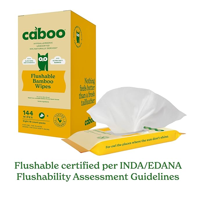Caboo Tree Free Flushable Wipes, Travel Wipe, Certified Flushable, Septic Safe, Biodegradable Wipe for Adults, Pack of 8, Total of 144 Travel Toilet Wipes