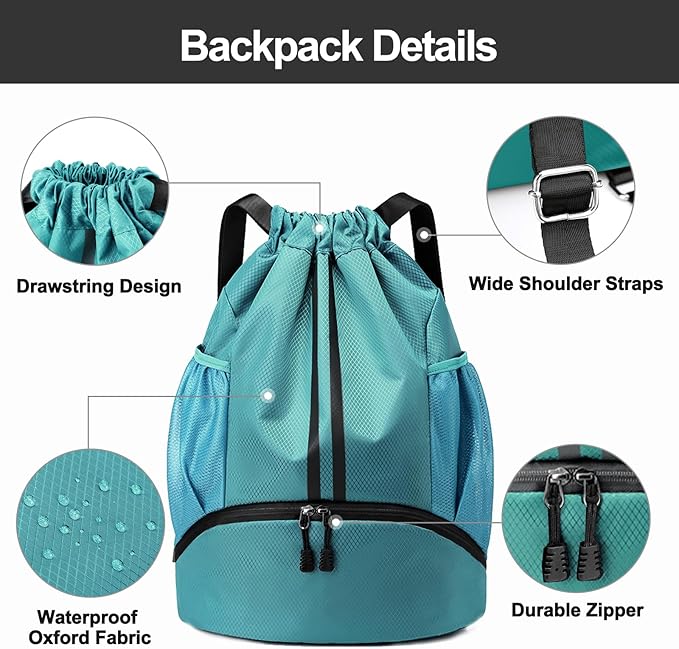 Hoedia Sports Drawstring Backpack - String Swim Gym Bag with Shoes Compartment and Wet Proof Pocket for Women/Men (Teal)