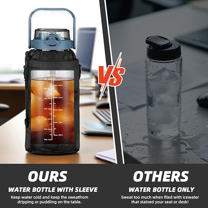 64oz Glass Water Bottle with Straw and Sleeve Half Gallon Motivational Water Bottle with Time Marke and Strap 2L Leakproof Borosilicate Reusable Water Jug for Gym Outdoors