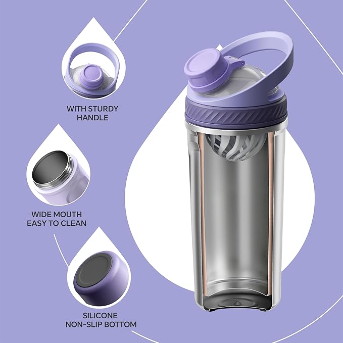 Ideus Protein Shaker Bottle 24oz(710ml) Insulated Stainless Steel Shaker Bottle with Silent Tritan Ball Portable Pre Workout Shaker Cups for Protein Shakes, Smoothies, Cocktails, Purple