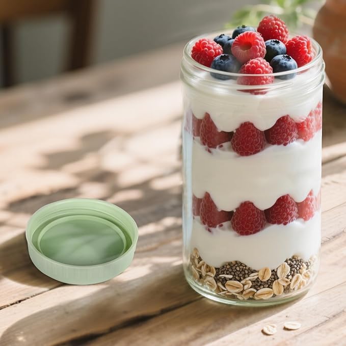 Overnight Oats Containers with Lids, 24oz Glass Jars with Lids 2 pcs, Light Green, Wide Mouth Mason jars for Salad, Yogurt, Snacks, Meal Prep