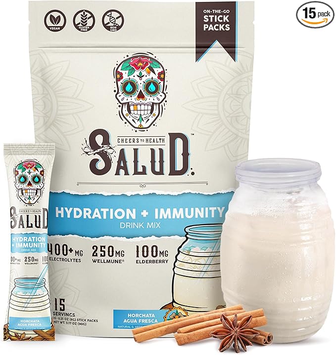 Salud 2-in-1 Hydration Packets + Immunity Electrolytes Powder, Horchata - Agua Fresca Drink Mix, Elderberry, Dairy & Soy Free, Non-GMO, Gluten Free, Vegan, Low Calorie, 1g Sugar (15 Servings)