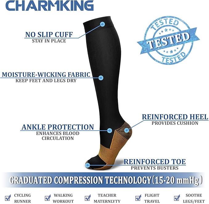 CHARMKING Compression Socks for Women & Men Circulation (8 Pairs) 15-20 mmHg is Best Support for Athletic Running,Hiking