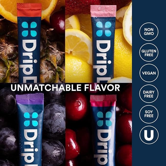 DripDrop Hydration Packets - Juicy Variety Pack - Single Serve Electrolytes Powder Drink Mix - Grape, Fruit Punch, Strawberry Lemonade, Cherry - Non-GMO, Gluten Free, Vegan - 32 Sticks
