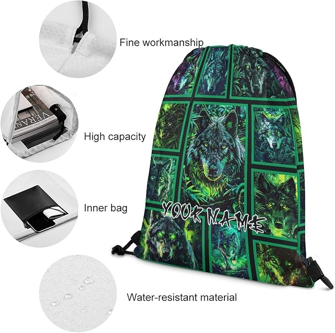 Custom Wolf Drawstring Backpack - Cute Cinch Sack, String Backpacks for Women Men Kids Boys Girls for Gym Outdoor Sports Travel Athletic Drawstring Bag - Lightweight/Foldable