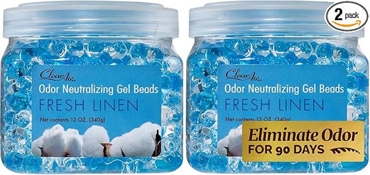 Clear Air Odor Eliminator Gel Beads - 12 oz, Pack of 2 - Air Freshener Made with Essential Oils - Eliminates Odors in Bathrooms, Cars, Boats, RVs & Pet Areas - Fresh Linen Scent