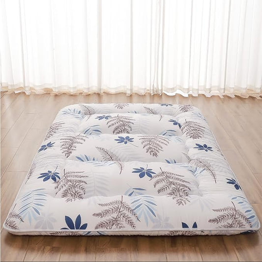 Japanese Floor Mattress, Futon Mattress with Portable Storage Bag and Washable Cover, Roll Up Thick Tatami Mat Suitable for Camping, Guest Room, White Leaf, Twin