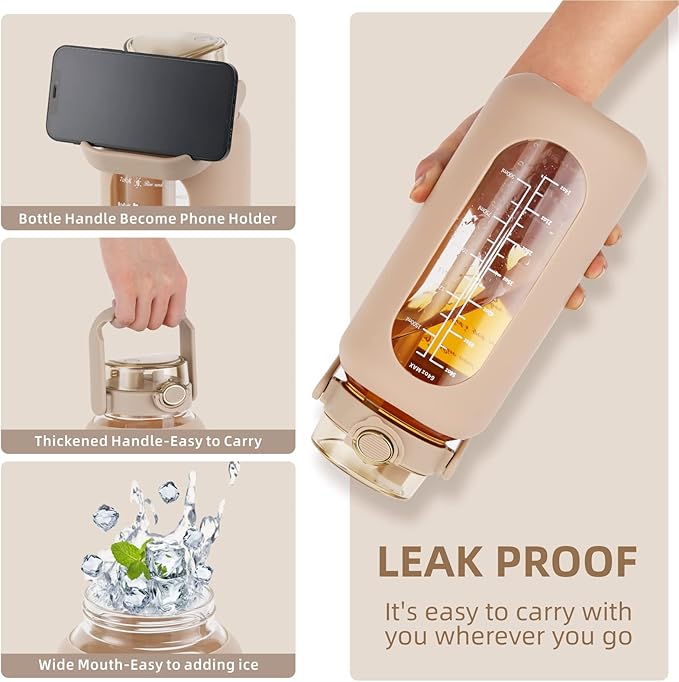 SIEROZUR 74oz Glass Water Bottle with Straw and Lid Large Gallon Water Jug with Silicone Sleeve and Handle 2.2 liter Wide Mouth Bottle with Time Marker for Gym Sports& Workout