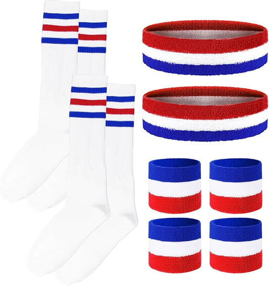 10 Pieces Striped Sweatbands and Striped Socks Set Headbands Wrist Sweat Bands for Men and Women Sports 80s 90s Fitness