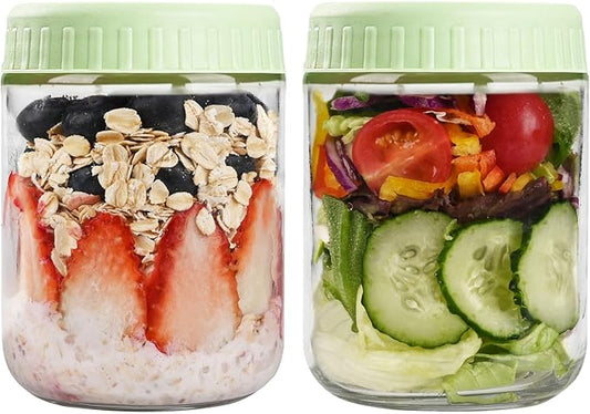 Overnight Oats Containers with Lids, 16oz Glass Jars with Lids 2 pcs, Light Green, Wide Mouth Mason jars for Salad, Yogurt, Snacks, Meal Prep