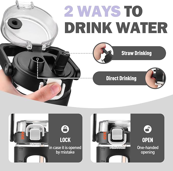 BLUEGO 40 oz Glass Water Bottles with Straw Time Marker, Glass Tumbler with Handle Top Lids, Easy to Clean, Fits in Car Cup Holder, Leakproof Jug for Gym, Sports, Workout & Daily, Black