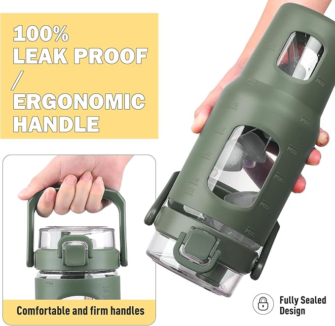 BLUEGO 32oz Glass Tumbler with Lid and Handle, Iced Coffee Cup with Straws, Glass Water Bottle with Silicone Sleeve and Volume, Marker Glass Cup with Time Marking, BPA Free, Olive