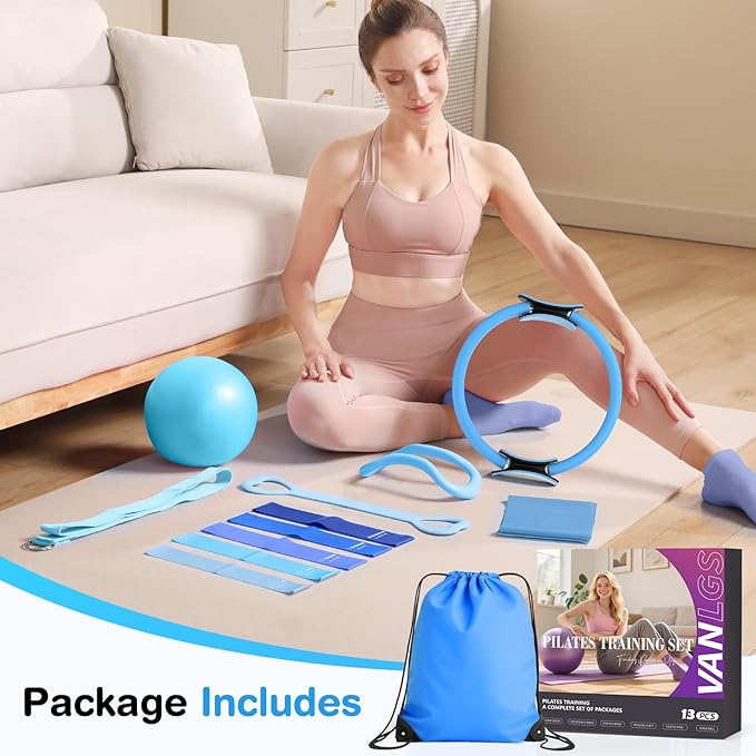 Pilates Equipment at Home Essentials Pilates Kit for Women 13Pcs Pilates Workout Set with 13” Ring, 10” Ball and Resistance Bands Set for Beginners