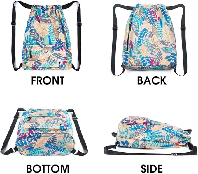 Drawstring Backpack with Mesh Pockets String Gym Bag Sackpack Sandproof Water Resistant Beach Backpack for Men Women
