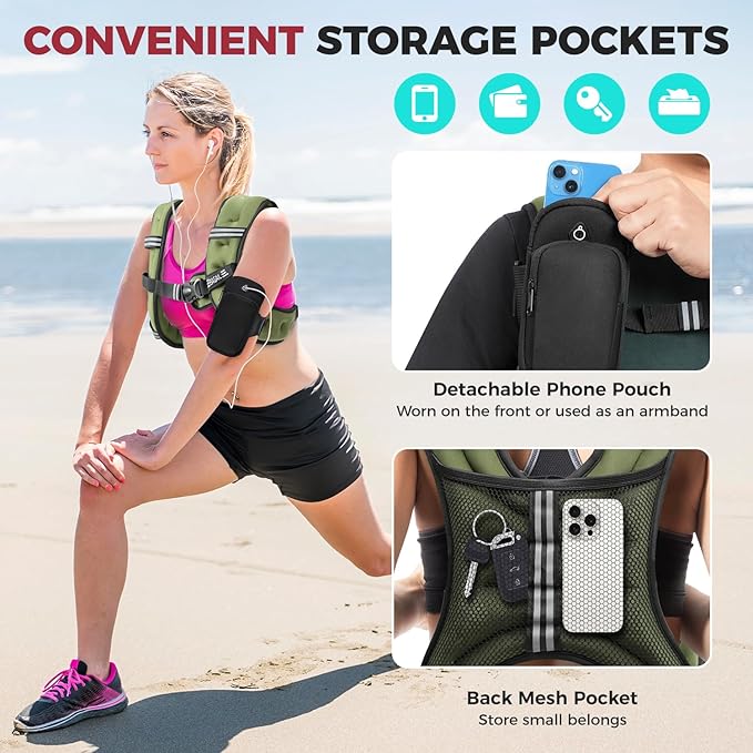 BAGAIL Weighted Vest, 5lbs/8lbs/10lbs/12lbs/15lbs/20lbs/25lbs/30lbs Weight Vest with Detachable Phone Pouch, Rucking Vest for Women, Men, Walking, Weight Loss, Training, Running