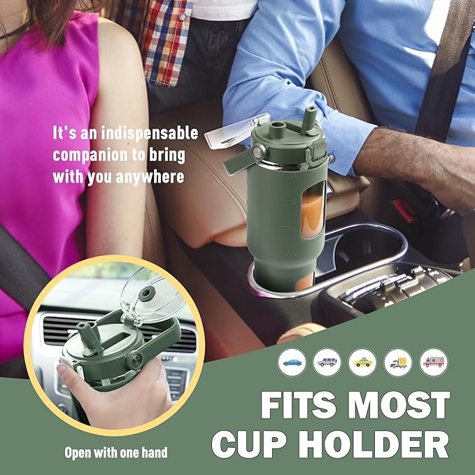 BLUEGO 40 oz Glass Water Bottles with Straw Time Marker, Glass Tumbler with Handle Top Lids, Easy to Clean, Fits in Car Cup Holder, Leakproof Jug for Gym, Sports, Workout & Daily, 02 Olive