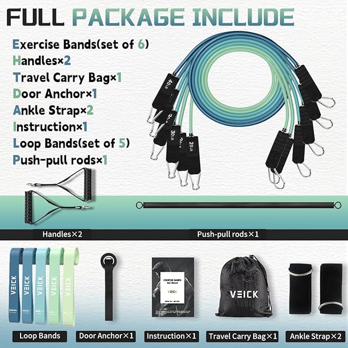 VEICK Pilates Bar Kit with Resistance Bands, Elastic Workout Bands for Men and Women, Set of 5 Resistance Loop Bands for Home Fitness, Stretching, Strength Training, Physical Therap