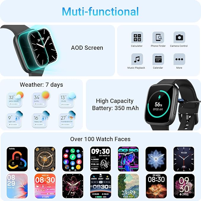 Tensky Smart Watch for Men/Women Android & iPhone, AI Voice, 1.85" AMOLED Screen Fitness Tracker with Bluetooth Call, 3ATM Waterproof Heart Rate/Sleep/SpO2 Monitor, Pedometer, 100+ Sport Modes