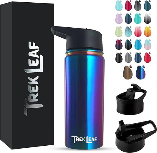 Travel Water Bottle with 3 Lids (Spout, Straw, Flip) Leak Proof, Quality, Vacuum Insulated, Stainless Steel (Twilight, 18 oz)