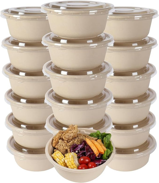 37 oz Disposable salad bowls with lids, Sugarcane Fiber Paper Bowls take away food containers Plant Fibers Freezer Safe 50 Pack