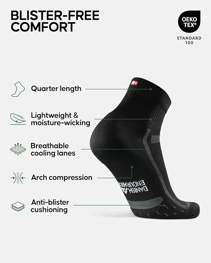 DANISH ENDURANCE Ultra-Comfort Quarter Running Socks, Performance Socks, Men & Women - 3 or 5 Pack