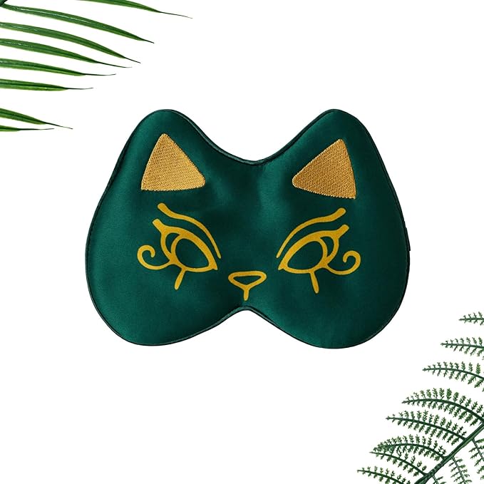 Silk Sleep Mask Blindfold Eye Mask for Sleep Cute Cat Print Embroidered Eye Cover Adjustable Oversized Egyptian Bastet with Gift Box&Pouch（Osiris Green-Adjustable Strap）