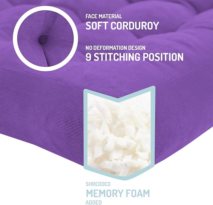 Degrees of Comfort Square Tufted Corduroy Floor Cushions, Large Pillows Seating for Adults, Meditation Pillow for Balcony Tatami Living Room, 22x22 Inch, Purple