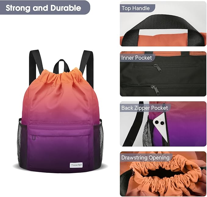Drawstring Backpack Sports Gym Sackpack with Mesh Pockets Water-Resistant String Cinch Beach Bag for Men Women(Orange Purple)