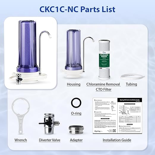 iSpring CKC1C-NC Countertop Water Filter, Drinking Water Filtration System for Faucet, Reduces Chloramine, Bad Odors, Sediment, and 99% of Chlorine, Clear (Filter Included)