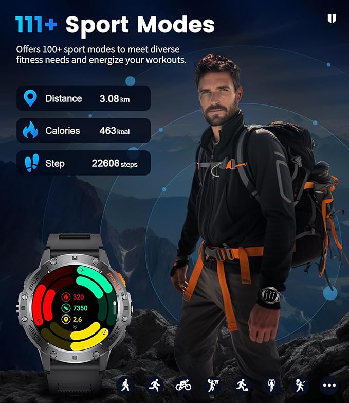 Smart Watches for Men for Android/iPhone(3 Straps),1.43’’ Amoled Display Sport Watch with 123 Sport Modes/FlashLight,5ATM Waterproof Fitness Tracker with Blood Pressure /Heart Rate/Sleep Monitor,Metal