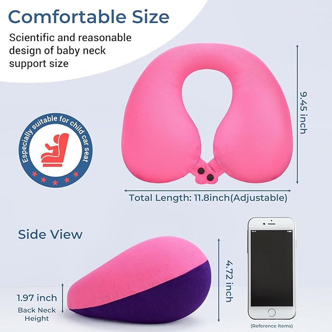COOLBEBE Kids Travel Neck Pillow, Softly Double Support Neck Pillow for Car & Airplane, Traveling Gifts for Toddler & Children (1, Pinkish Purple)