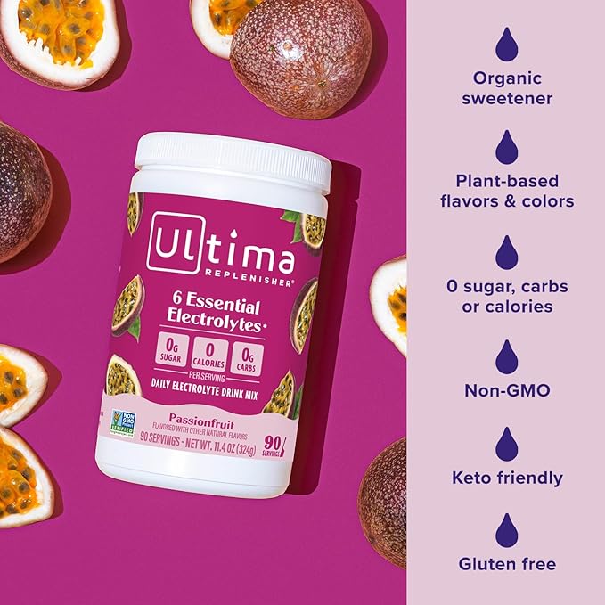 Ultima Replenisher Daily Electrolyte Powder Drink Mix – Sugar Free – Passionfruit, 90 Servings – Hydration Powder with 6 Key Electrolytes and Trace Minerals – Keto Friendly, Non-GMO