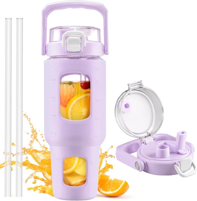 BLUEGO 40oz Glass Tumbler with Lid and Straw, Glass Water Bottles with Handle, Glass Cup with Time Marker and Silicone Sleeve, Fits Most Cup Holder, Leak-proof, Purple