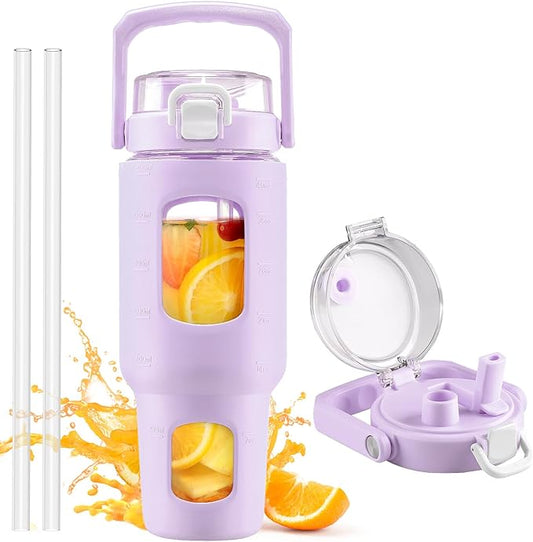 BLUEGO 40oz Glass Tumbler with Lid and Straw, Glass Water Bottles with Handle, Glass Cup with Time Marker and Silicone Sleeve, Fits Most Cup Holder, Leak-proof, Purple