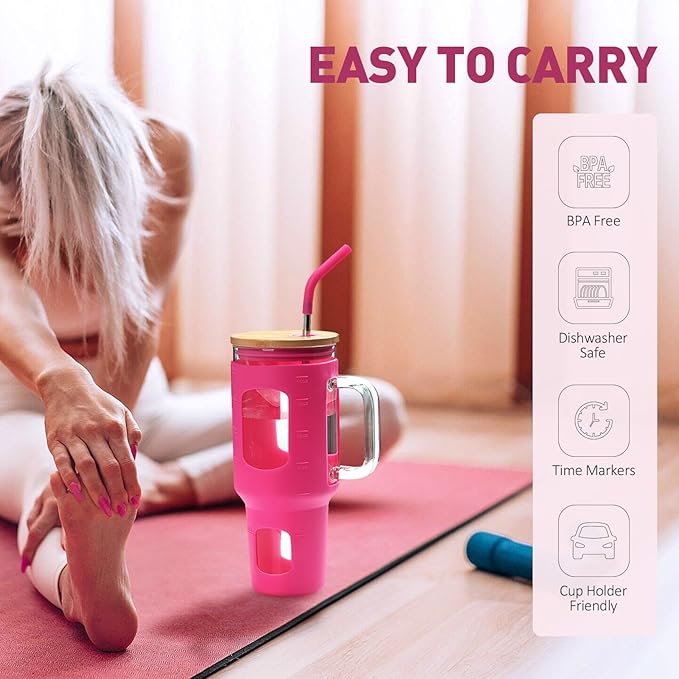 Glass Tumbler with Straw and Lid, 40 oz glass cup with handle, Glass Water Bottles with Time Marker, Silicone Protective Sleeve-Rose Red