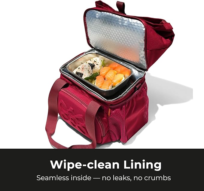 Dual Compartment Insulated Lunch bag, with 2 Leakproof Compartments & Roll-top, 13L lunchbox for work (Burgundy)