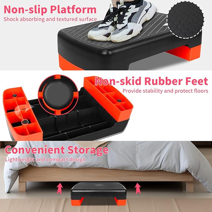 Height-Adjustable 4"-6" Step Aerobics Platform Fitness Equipment Stepper Trainer Exercise Step Platform with 2 Riser