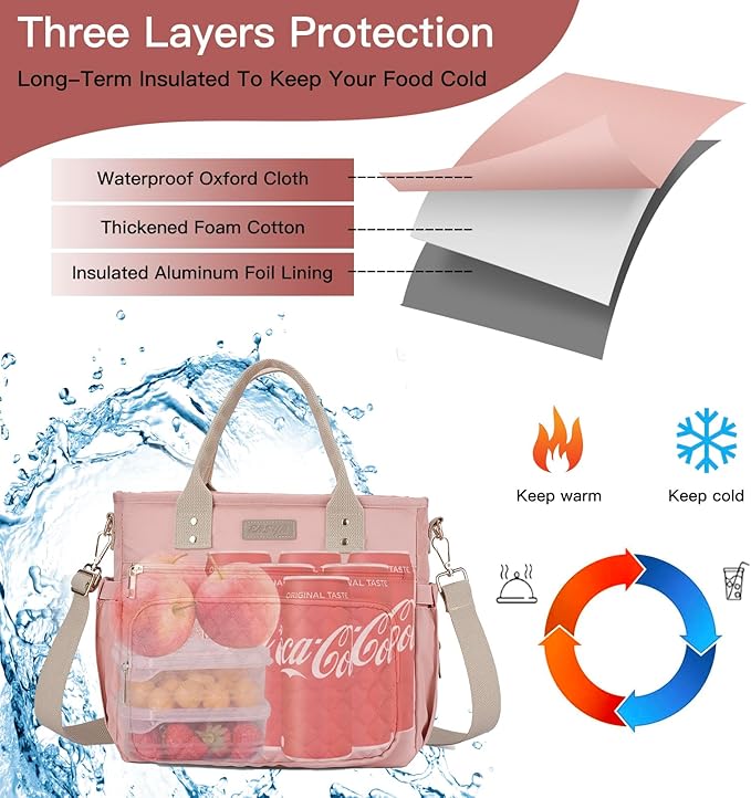 EASYA Large Women Lunch Bags for Work/Insulated Adult Lunch Box for Women/Durable Nylon Thermal Lunchbox for Womens/Leakproof Cooler Tote Bag with Storage Pocket (Shimmering blush pink Cotton Strap)