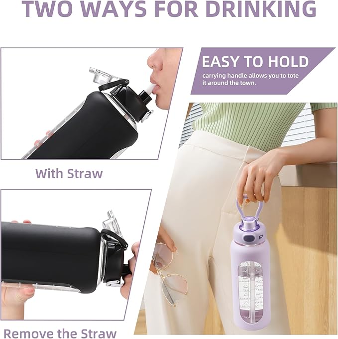 SIEROZUR 32 Glass Water Bottle with Straw and Handle Motivational Water Bottles with Silicone Sleeve and Time Marker Leakproof Borosilicate Water Bottle for Gym Home Office