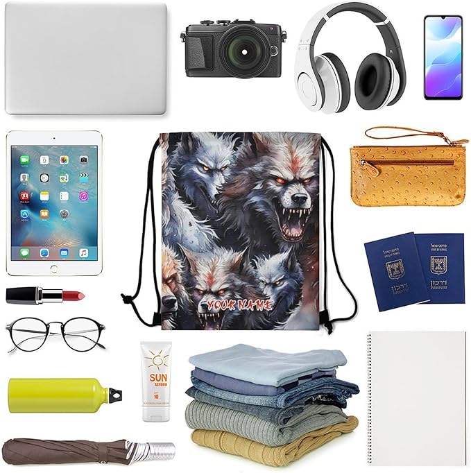 Custom Wolf Drawstring Backpack - Cute Cinch Sack, String Backpacks for Women Men Kids Boys Girls for Gym Outdoor Sports Travel Athletic Drawstring Bag - Lightweight/Foldable