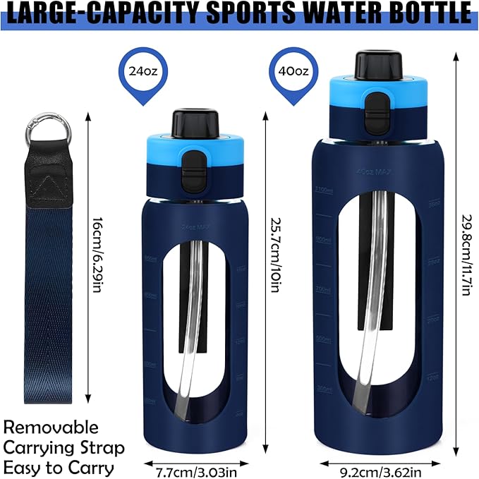 ANOTION 40OZ Glass Water Bottle, Large Sports Water Bottle with Dual-Drink Lid Clear Leakproof Glass Bottles with Straw, Motivational Jug with Silicone Sleeve and Time Marker for Travel Gym-Blue