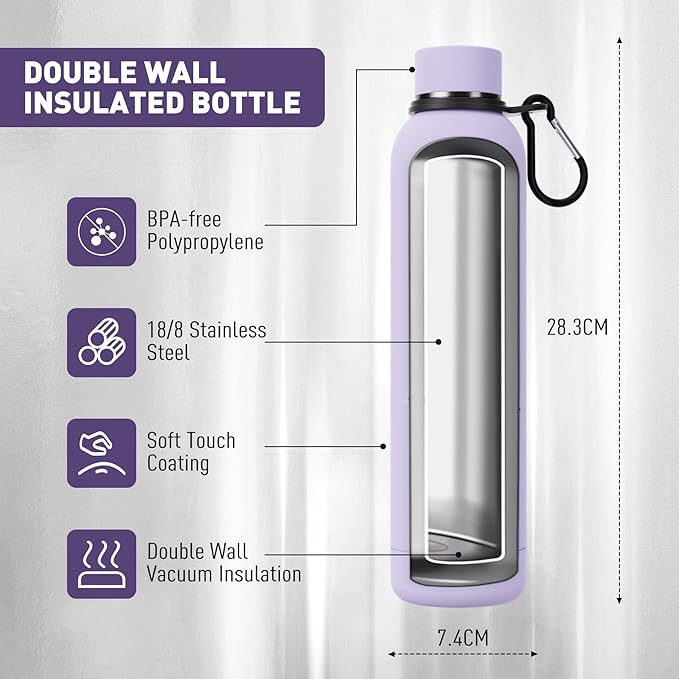 Slim Insulated Water Bottles for Travel 25oz with Clip, Double Wall Vacuum Stainless Steel Water Bottle Keeps Drinks Cold 24 Hrs/Hot 12 Hrs, 100% Leakproof, BPA Free(Purple)