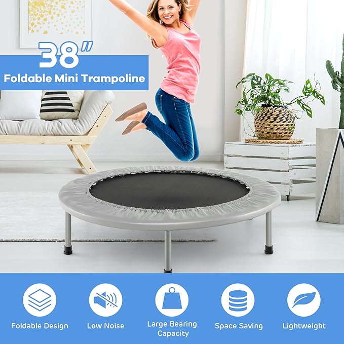 GYMAX Rebounder Trampoline for Adults, Mini Exercise Trampoline with Safety Pad, Foldable Rebounding Fitness Trampoline for Indoor/Outdoor, Small Workout Trampoline for Adults (Blue)