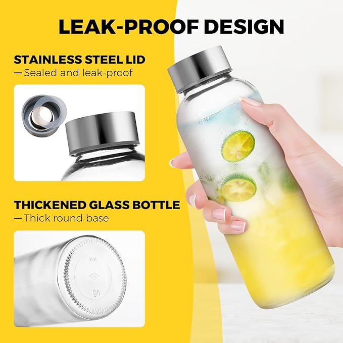 Set of 6 Clear Glass Water Bottles with Lid 26oz for Juicing Reusable Bottle Glass Cup with Stainless Steel for Juicing,Halloween Refrigerator 100% Leak Proof Drinking Jar, BPA Free
