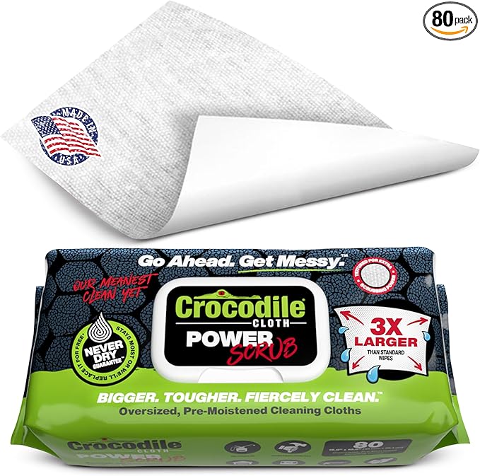 Crocodile Cloth PowerSCRUB Cleaning Wipes – 80 (15" x 10") Dual-Surface Cloths, Heavy-Duty, Moist, Absorbent, & Disposable - Safe on Skin & Multiple Surfaces